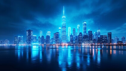 Obraz premium Vibrant lights reflect on the harbor as the stunning Hong Kong skyline rises at dusk.