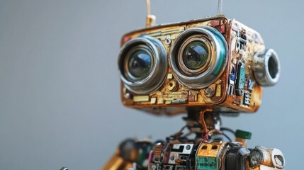 E-waste components assembled into a tiny, detailed robot, charming tech