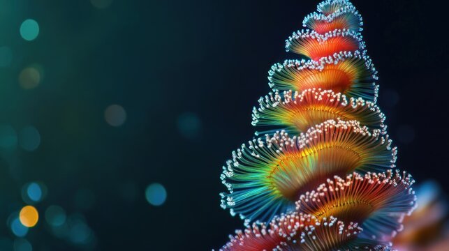 Christmas Tree Worm, its spiral plumes like tiny, vibrant, candy-striped Christmas trees, surreal festive marine texture, bright, cheerful lighting, isolated macro
