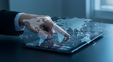 Digital World Map Interface on Tablet with Cityscape Overlay