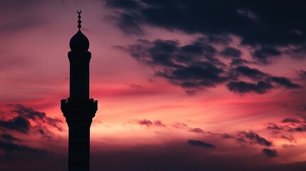 Obraz premium Silhouette of a minaret, the structure itself appearing to be made of solidified sound waves from the Adhan, against a deep twilight sky