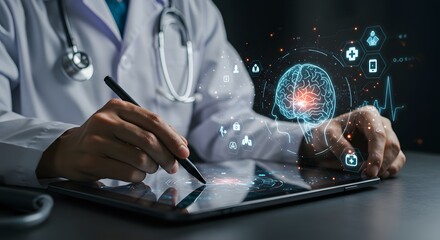 Doctor Using Digital Tablet with Futuristic Medical Hologram and Brain Interface