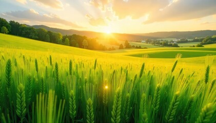 Obraz premium Golden Sunlight Bathes Rolling Wheat Field, Idyllic Summer Landscape, Gently Swaying Green Crops in Warm Breeze, Picturesque Rural Scene Perfect for Nature Projects