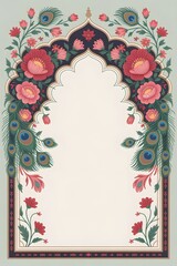Mughal wedding invitation floral motifs, royal arches, peacocks, and traditional palace architecture