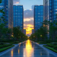 Sunset reflecting on a paved walkway between modern office buildings.