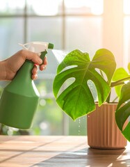 Person Spraying Water on Monstera Plant with Green Sprayer.