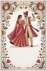 Vector traditional royal wedding invitation card design with Indian Bride and Groom dancing.