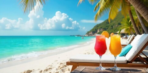 Obraz premium Relaxing beach scene with vibrant cocktails, sun loungers, and turquoise water Perfect for travel, vacation, and summer themed projects , refreshment, cocktails