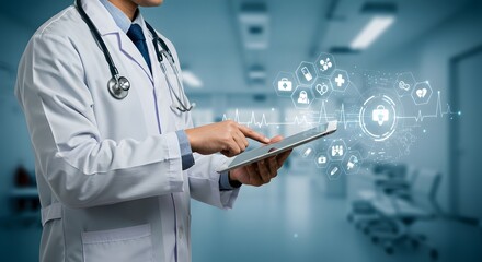 Doctor using tablet with medical icons and heartbeat line