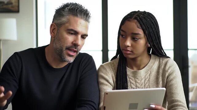 Silver Haired Man And Young Girl With Braids Using Tablet Indoors by the Window