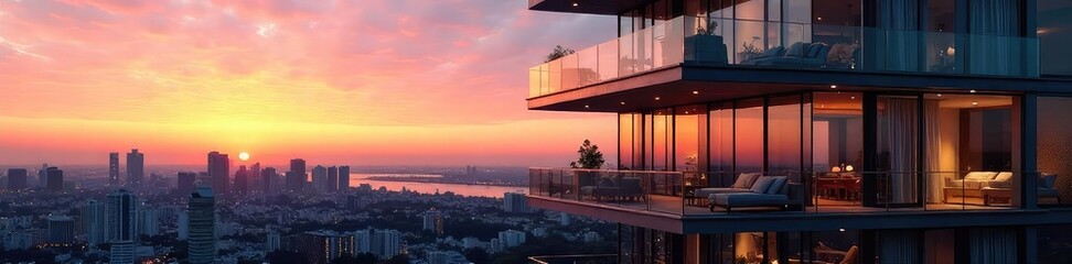 Obraz premium Sleek, modern glass condominium building reflecting city skyline at sunset Luxury apartments, urban living, architectural design , windows, sophisticated