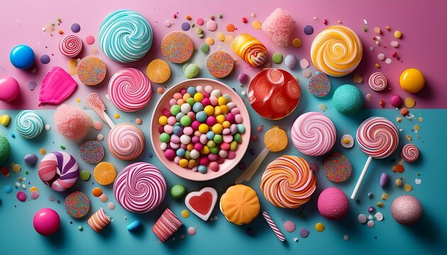 photograph of a variety of colorful sweets, candies, and confetti on  - Powered by Adobe