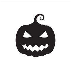 Halloween pumpkin faces, each with unique carved expressions such as evil grin, sharp fangs, wide smile, shocked look, and sinister eyes. Bold black silhouette design, clean vector style, on white bac