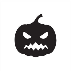 Halloween pumpkin faces, each with unique carved expressions such as evil grin, sharp fangs, wide smile, shocked look, and sinister eyes. Bold black silhouette design, clean vector style, on white bac