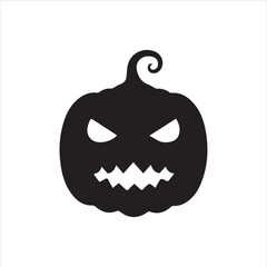 Halloween pumpkin faces, each with unique carved expressions such as evil grin, sharp fangs, wide smile, shocked look, and sinister eyes. Bold black silhouette design, clean vector style, on white bac