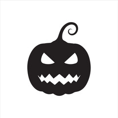 Halloween pumpkin faces, each with unique carved expressions such as evil grin, sharp fangs, wide smile, shocked look, and sinister eyes. Bold black silhouette design, clean vector style, on white bac