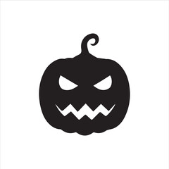 Halloween pumpkin faces, each with unique carved expressions such as evil grin, sharp fangs, wide smile, shocked look, and sinister eyes. Bold black silhouette design, clean vector style, on white bac