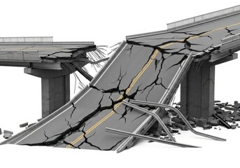 Collapsed highway bridge structure isolated on white background