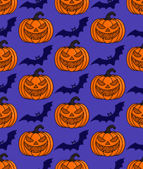 Jack-o’-Lantern and Bats Halloween Seamless Pattern
