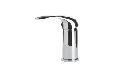 Chrome-finished, curved faucet with cylindrical base, isolated on white