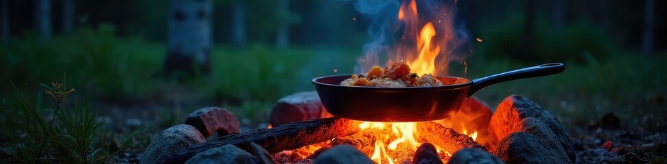 Campfire Cooking Cast Iron Skillet Sizzling Over Embers Under a Starry Night Sky. Perfect for Wilderness Adventures, Outdoor Cooking, and Camping Experiences.