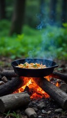 A crackling campfire with a cast iron skillet cooking over the flames, surrounded by lush greenery and wilderness Perfect for camping, outdoor cooking, and survival themes , fall, green