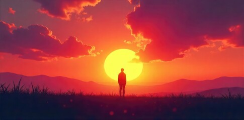 A lone figure stands silhouetted against a vibrant sunset, emphasizing feelings of solitude and distance , landscape, purple, adventure
