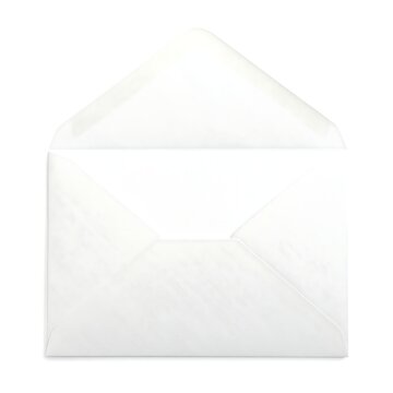 A slightly opened white envelope on a white background