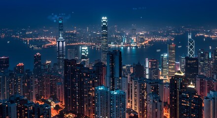 Obraz premium Modern Cityscape at Night: Bustling Metropolis with Illuminated Skyscrapers and Harbor