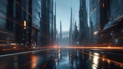 Fototapeta premium Futuristic city street at dawn
