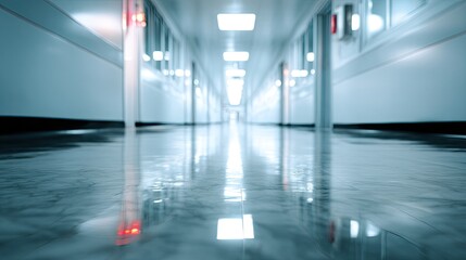 Obraz premium Empty hospital corridor, bright lights, reflective floor