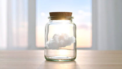 Small fluffy cloud enclosed inside a transparent glass jar, creative surreal concept.