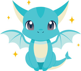 Cute anime-style baby dragon with wings and sparkly eyes, baby dragon, baby dragon vector