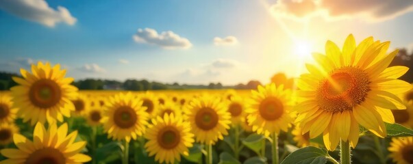 Fototapeta premium A vibrant sunbeam illuminates a field of bright yellow sunflowers, creating a cheerful and optimistic scene Perfect for themes of happiness, summer, and nature's beauty , energy, agriculture