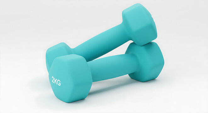 A professional studio shot of two light blue 2kg dumbbells, ideal for fitness and home workout content.
