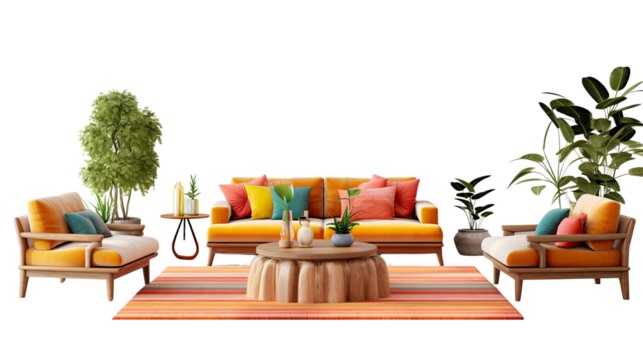 colorful modern room set with vibrant couches indoor on white background