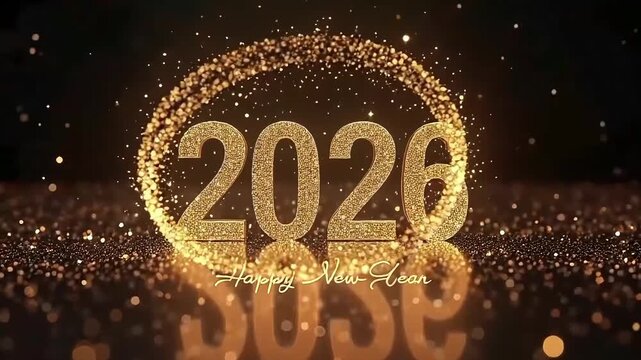 Glittering gold 2026 New Year scene with sparkling particle arc, cursive Happy New Year text, and festive dark background
