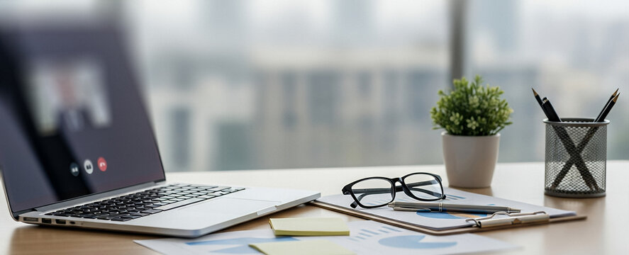Laptop showing a video call with office supplies and a plant on a desk near a window, styled in a bright and modern home office setting. - Powered by Adobe