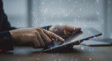 Person Using Tablet with Digital Data Overlays