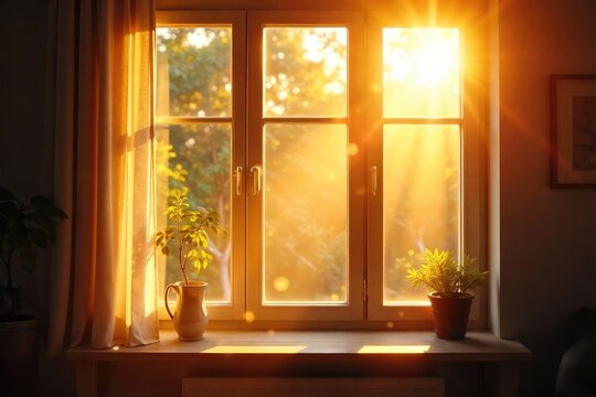 Golden hour sunlight streams through a window, illuminating dust motes dancing in the warm, lazy rays of a Sunday morning Perfect for relaxation and peaceful vibes , bright, weekend