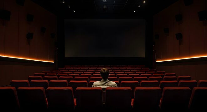 Man relaxing alone in red velvet cinema hall, watching movie with hands behind head, enjoying cinematic experience in empty theater.