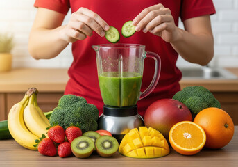 Person making a healthy green smoothie with fresh fruits and vegetables