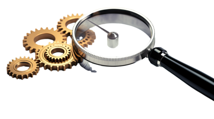 magnifying glass with chart and gears on white background
