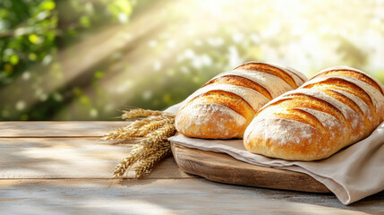 Fresh bread on wooden table with sunlight illuminating scene, creating warm atmosphere