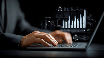 Business professional analyzing financial data on a futuristic holographic display