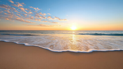 Gentle waves lap against sandy shore as sun sets over horizon, creating serene atmosphere