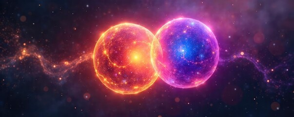 Two intertwined, glowing orbs representing the ethereal connection of souls, a mystical bond of energy and light , ethereal, spirituality