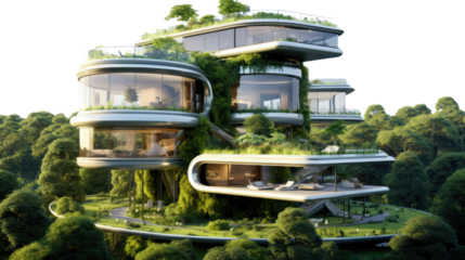 multi level futuristic home surrounded by greenery on white background