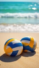Obraz premium Two pairs of volleyballs rest on sun-drenched beach sand, ready for a game Ocean waves gently lap the shore in the background, a perfect summer scene , tropical, landscape, exercise
