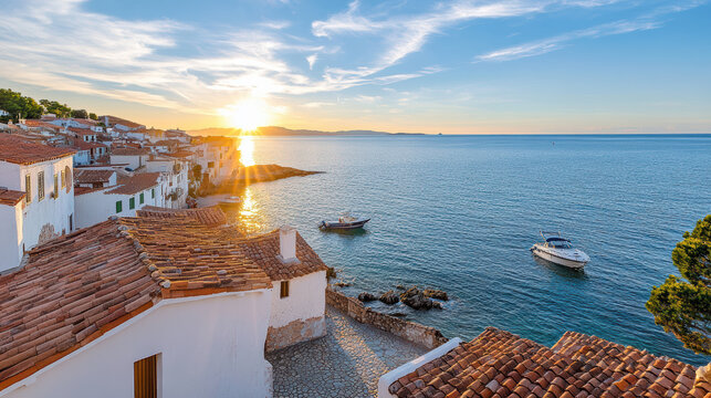 Sunset over tranquil sea, boats anchored near terracotta rooftops, picturesque coastal village